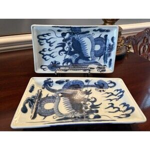 Japanese Blue and White Sushi Plates Dragons and Clouds Chengua Mark Set of 2